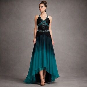 Sue Wong 90s Vintage Silk Beaded Fairycore Gown Teal Ombre High Low Formal 8